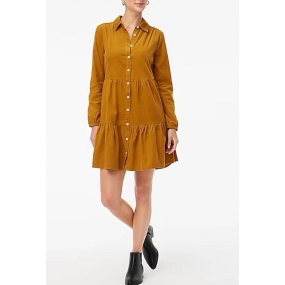 J.Crew Corduroy Tiered Shirt Dress Caramel Long Sleeve Button‎ Front Size 6